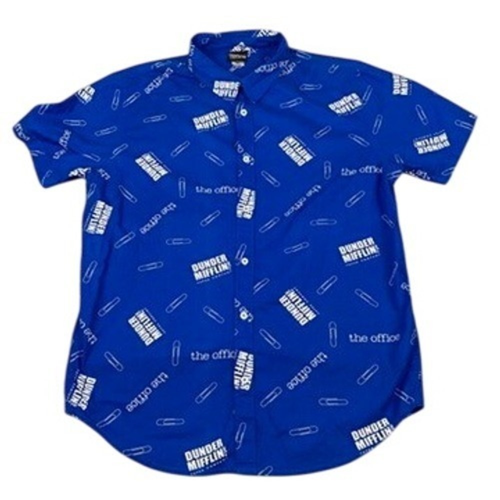 The Office Dunder Mifflin Button Down Shirt Mens XL Short‎ Sleeve Blue